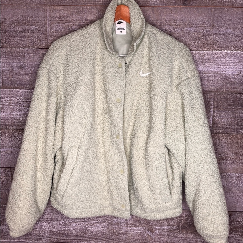 Nike Women's Cozy green sherpa Teddy varsity snap button Jacket